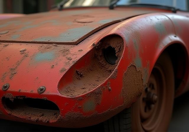 Carrozzeria arrugginita di una Ferrari Dino.