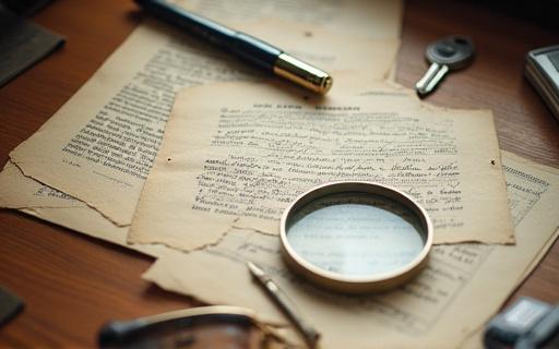Documenti storici e una lente d'ingrandimento su un tavolo.