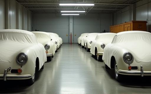 File di auto d'epoca coperte in un garage di custodia sicuro.