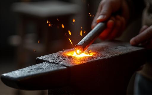 Un pezzo di metallo modellato su un'incudine in un'officina.