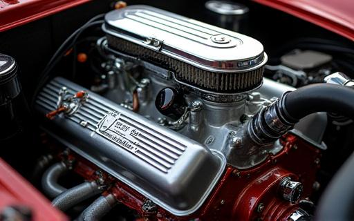 Primo piano di un motore V12 classico finemente restaurato.